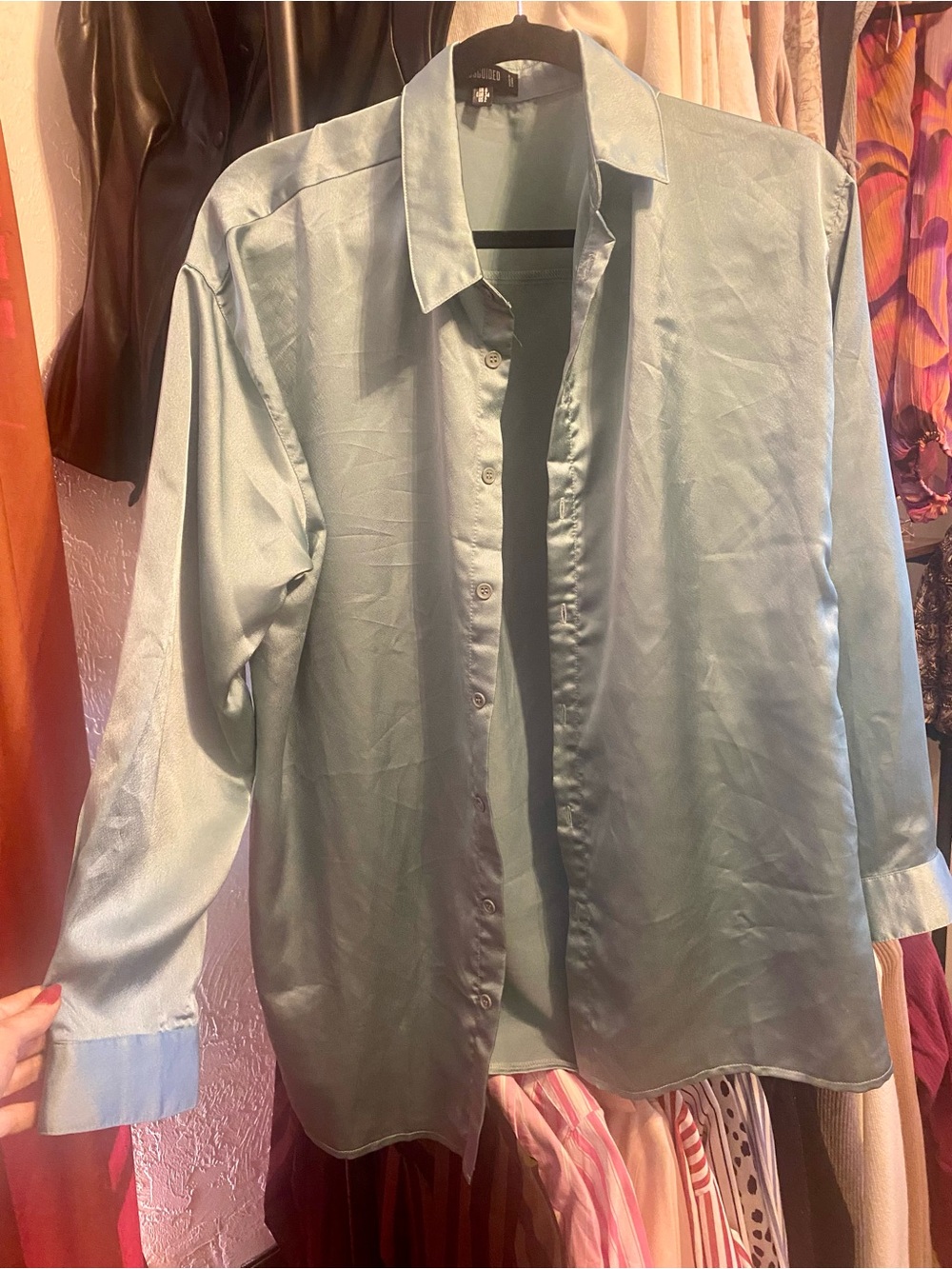 Missguided Satin Pale Green Button-Up Shirt